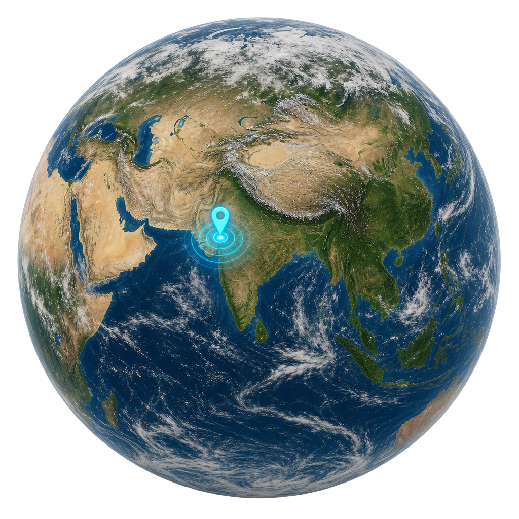 Rotating Earth focused on India with a glowing location pin on Gujarat